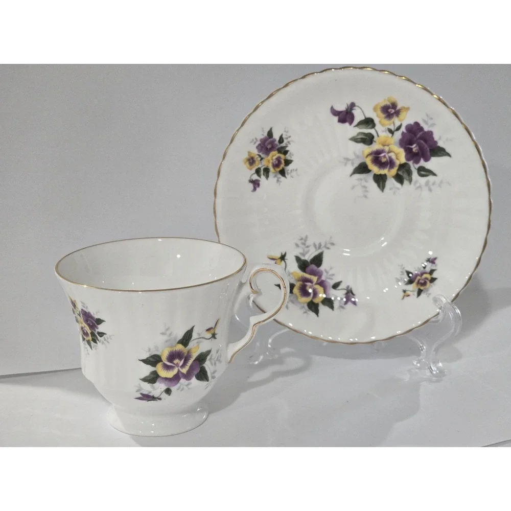 Royal Windsor Fine Bone China Cup and Saucer Set Pansies England Purple Floral